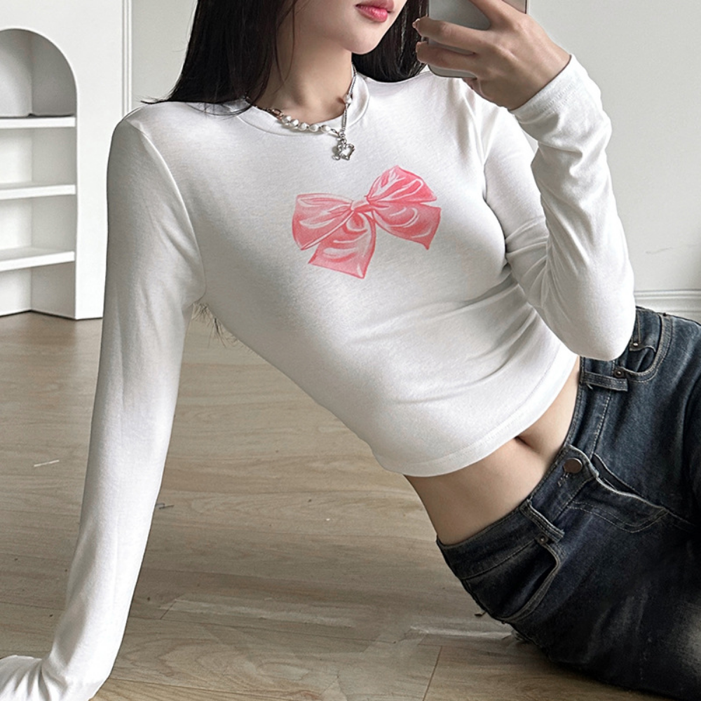 Women's Hot Girl Bow Print Long Sleeve