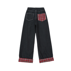 Classic Plaid Panel Roll-Up Jeans