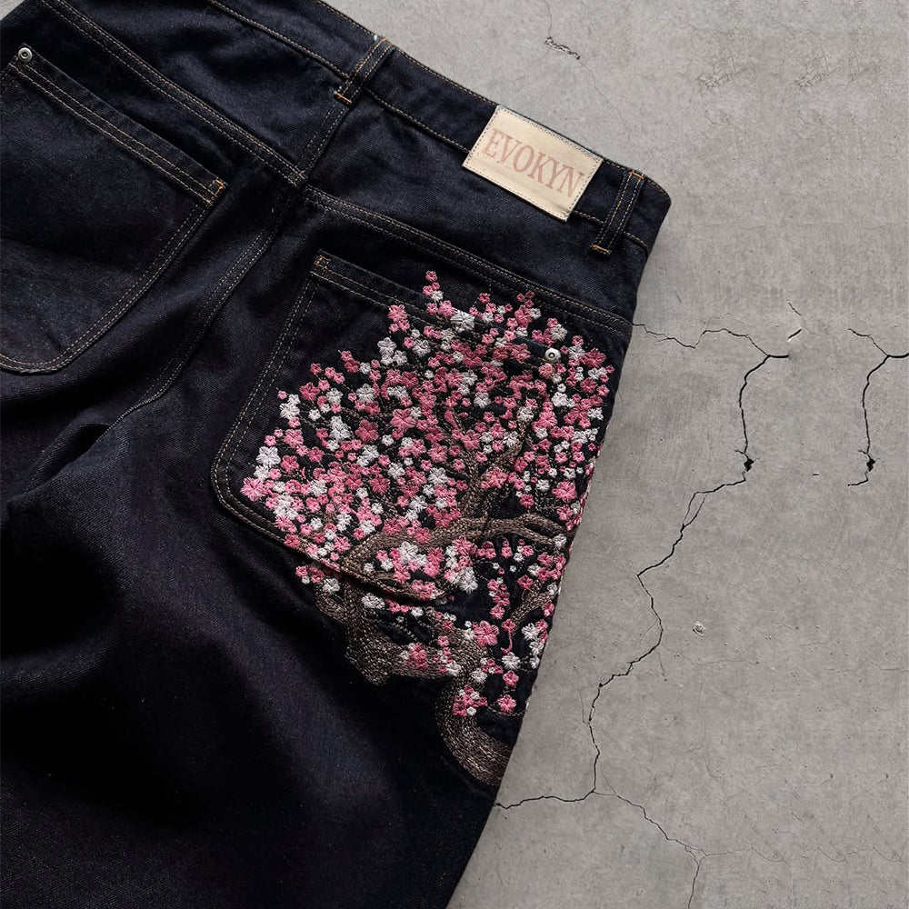 Evokyn Embroidered Denim Jeans with Sakura Blossom