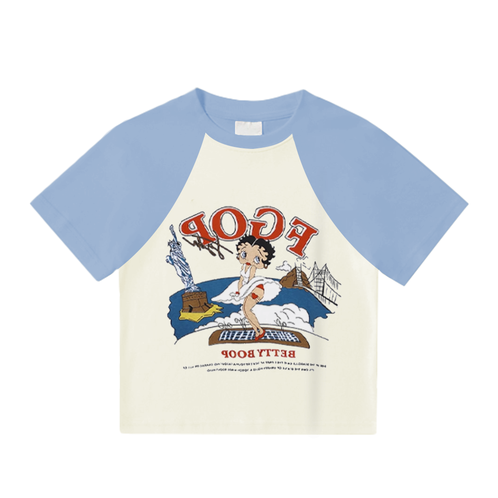 Women's Cartoon Surfer Boy Patchwork T-Shirt