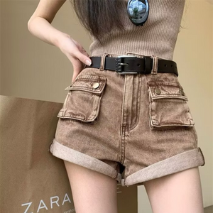 Women's Retro Multi-Pocket Solid Color Shorts