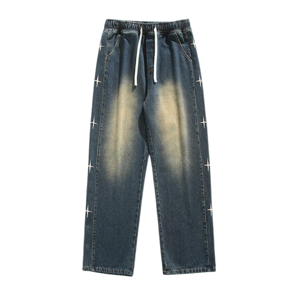 Distressed Side Star Embroidery Jeans