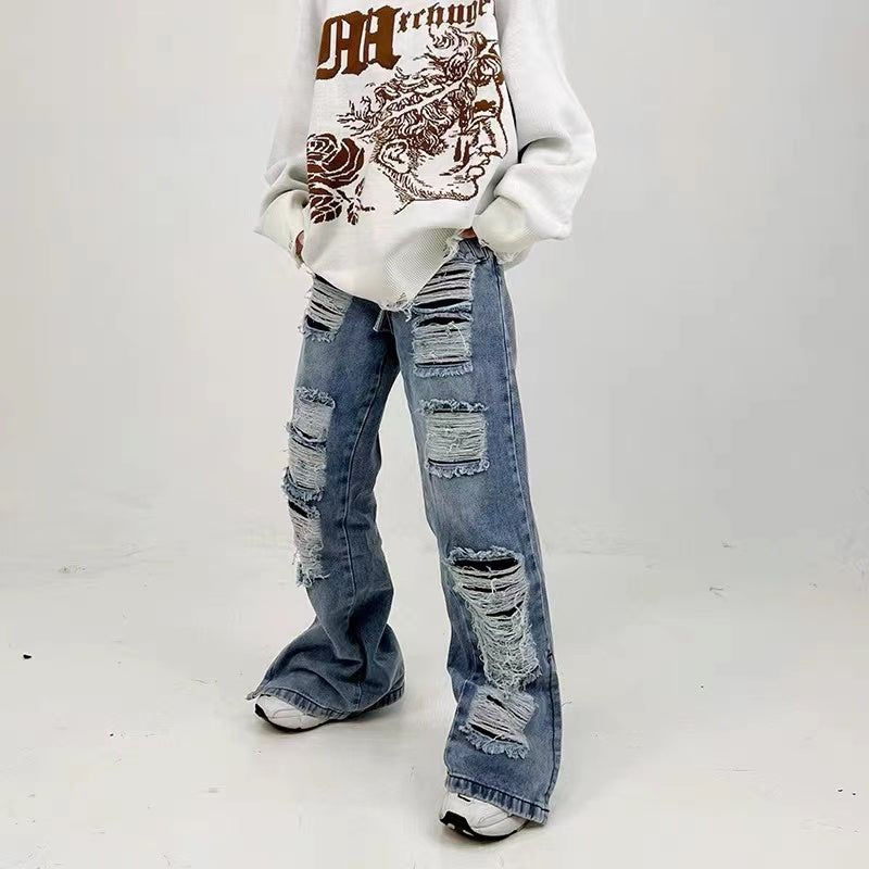 American High Street Summer Thin Section Hole Slit Loose Jeans