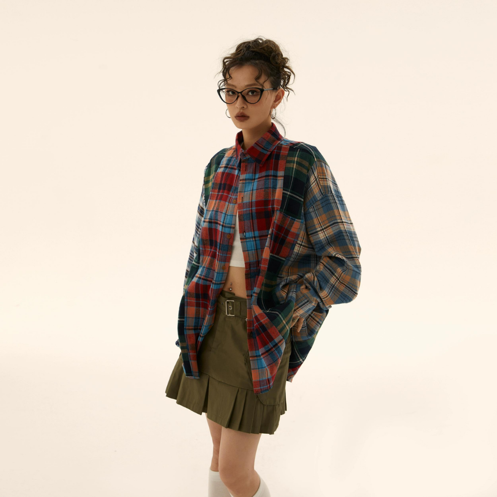 Retro Stitching Plaid Long Sleeves Shirt