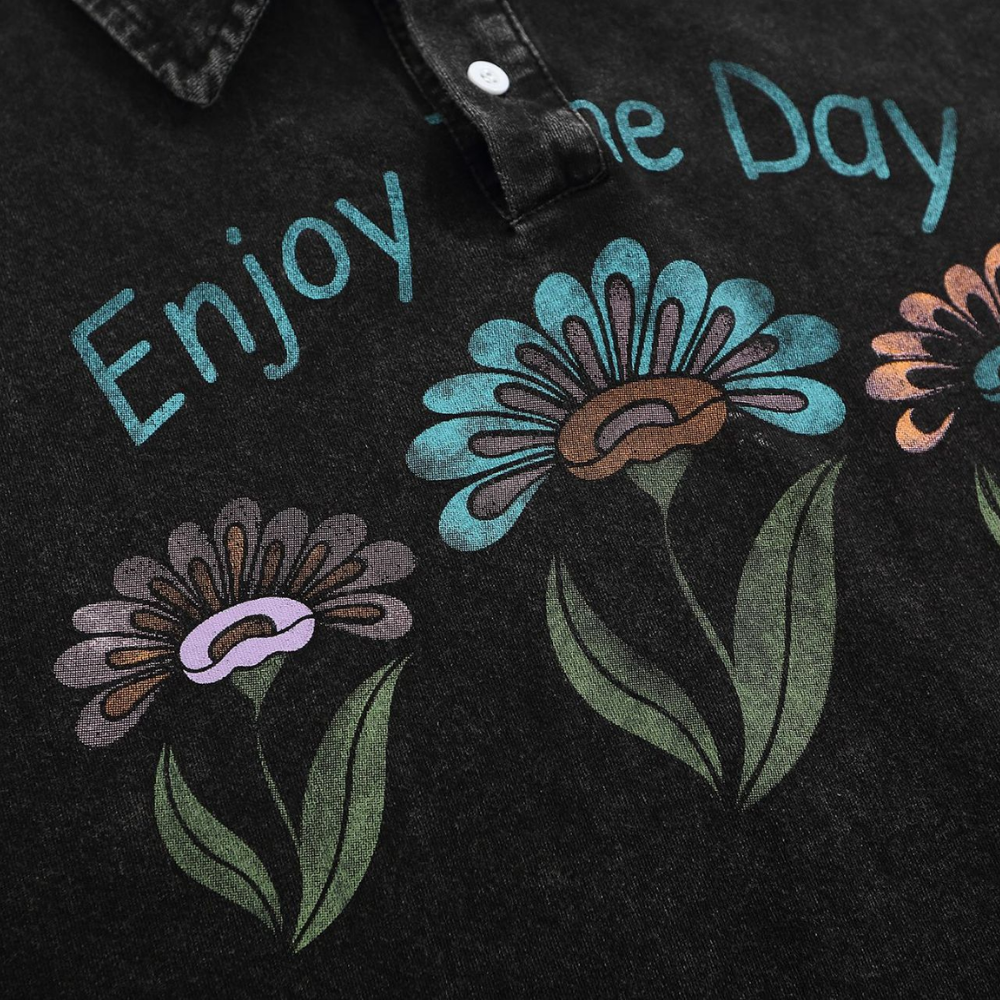 Washed Floral Lapel T-Shirt