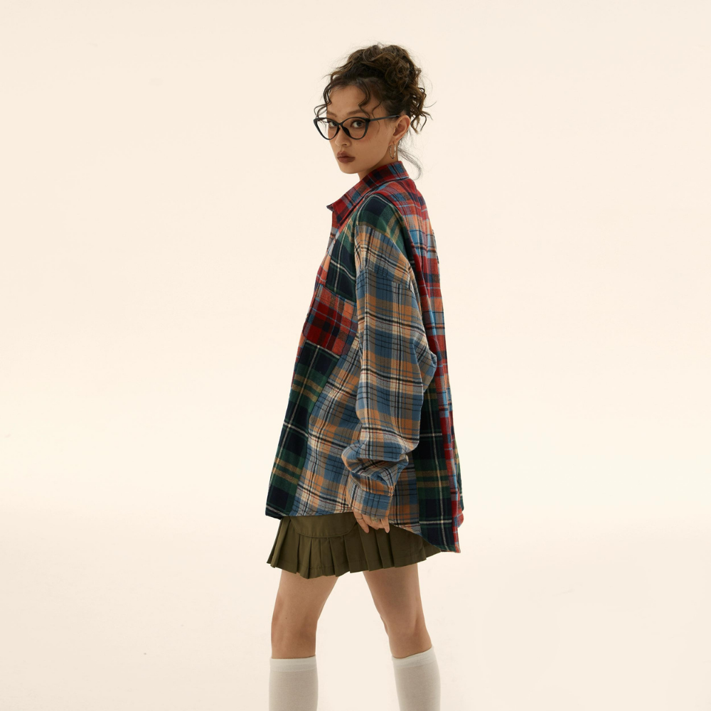 Retro Stitching Plaid Long Sleeves Shirt
