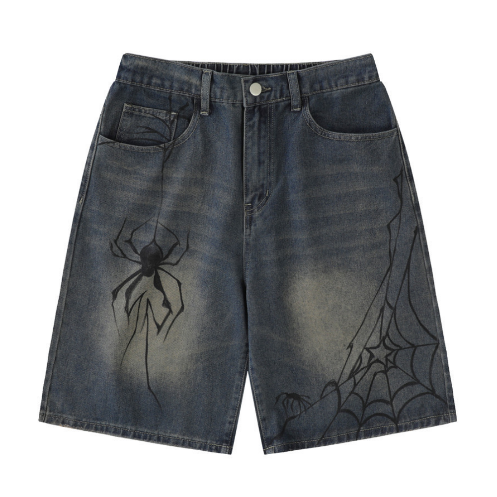 American Spider Print Denim Shorts