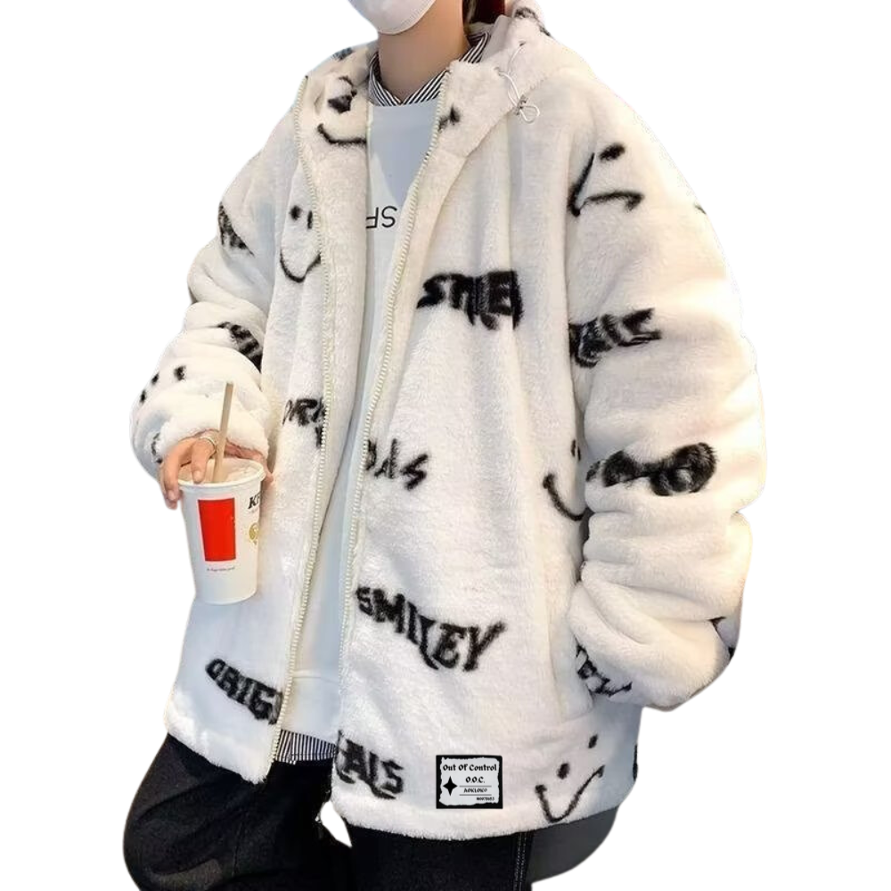 OOC' Smiley Face Lettering Sherpa Hooded Coat