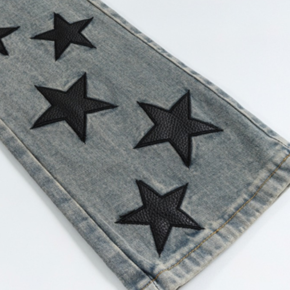 Vintage Star Embroidery Distressed Jeans