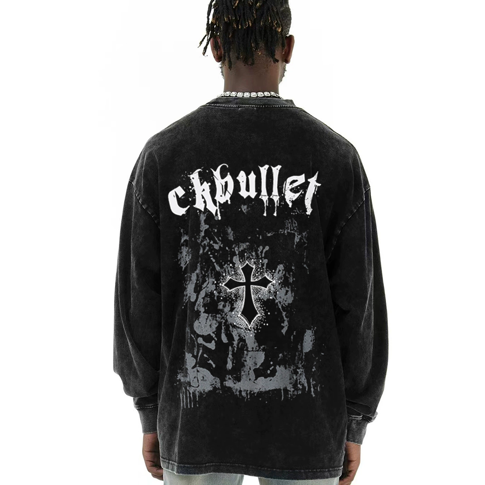 Retro Dark Cross Letters Long-Sleeve Shirt