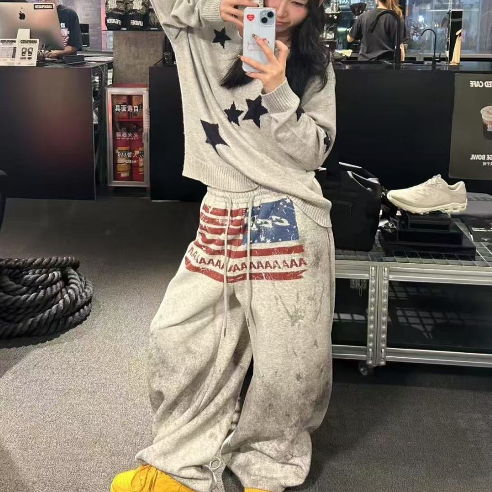 Unseen Echoes Washed Grey Sweatpants – Distressed USA Flag Print
