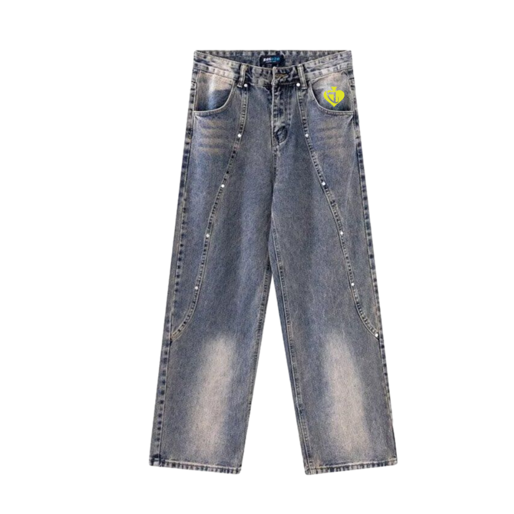 DF| Washed Rivet Letter Patch Jeans