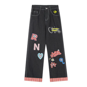 DF| Plaid Embroidered Patch Jeans