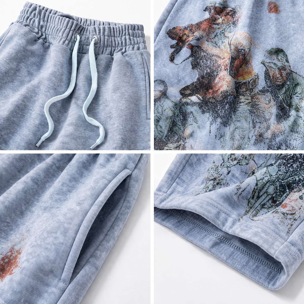 Vintage Graphic Washed Sweat Shorts – Distressed Art Print Loose Fit Streetwear