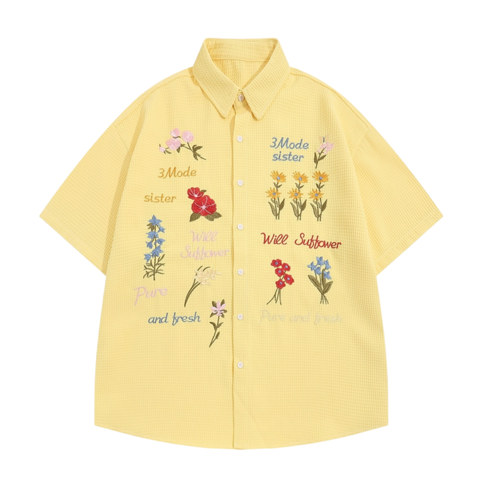Retro Waffle Colored Floral Embroidered Shirt