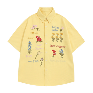 Retro Waffle Colored Floral Embroidered Shirt