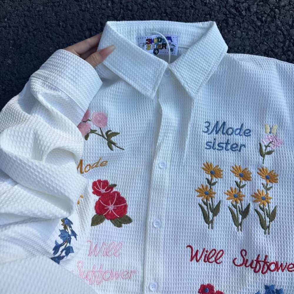 Retro Waffle Colored Floral Embroidered Longsleeve Shirt