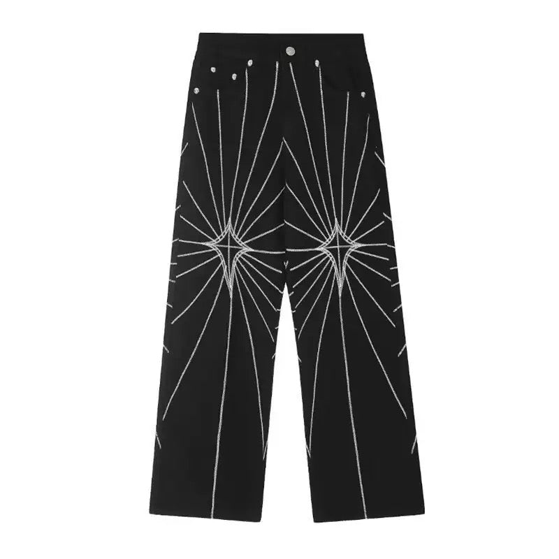 Y2K Embroidered Baggy Jeans with White Starburst Pattern