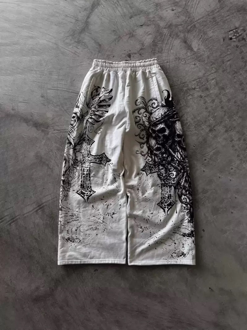 Gothic Skull Cross Wide-Leg Pants