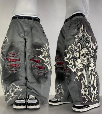 Y2K Distressed Skull Cross Baggy Pants
