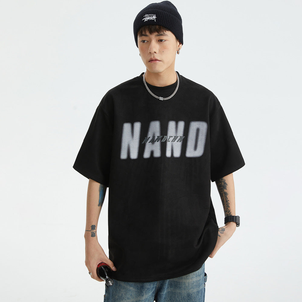 Japanese Suede Letter Print T-shirt