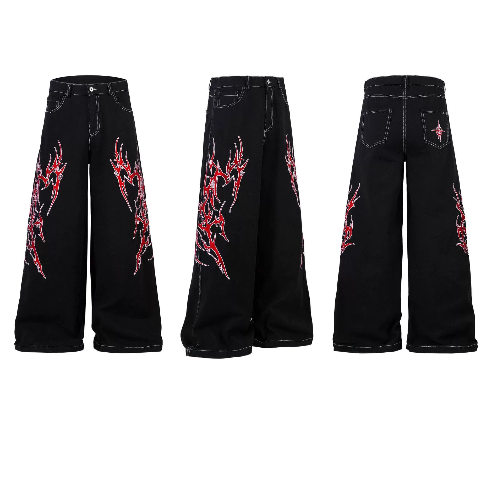 Embroidered Jeans with Tribal Flame Design