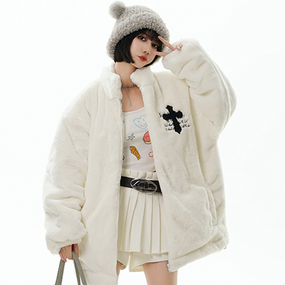 Hip Hop Cross Embroidery Fleece Coat