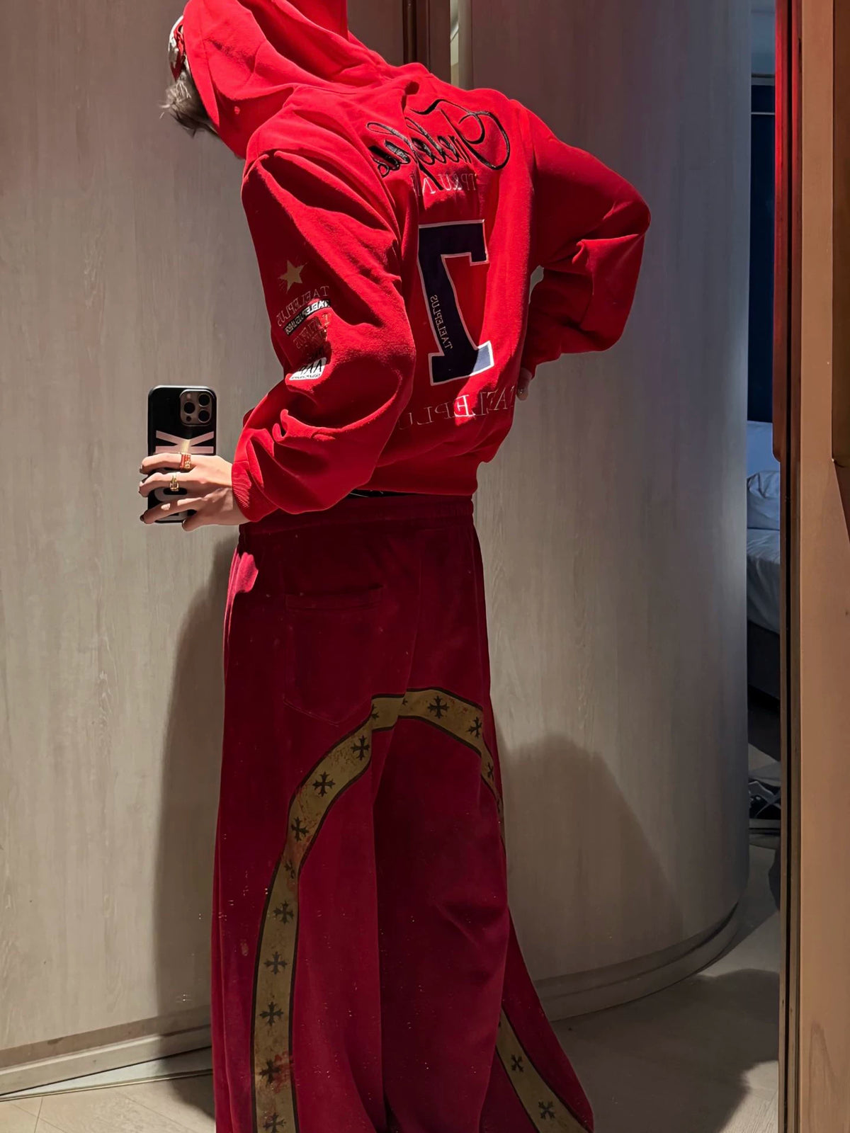 Red AokLok vintage script zip hoodie, alternate angle