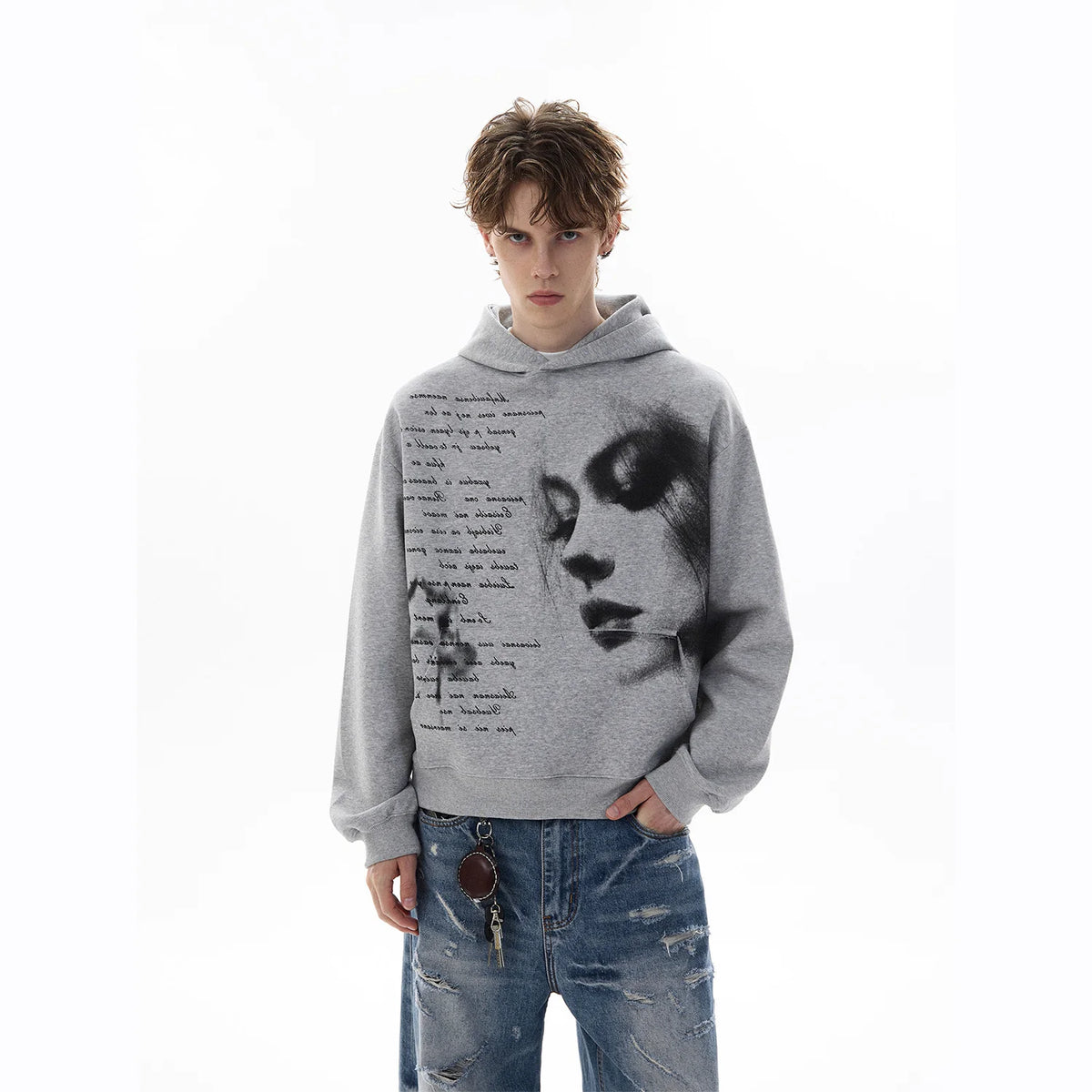 Heather grey AokLok sketch portrait hoodie, front