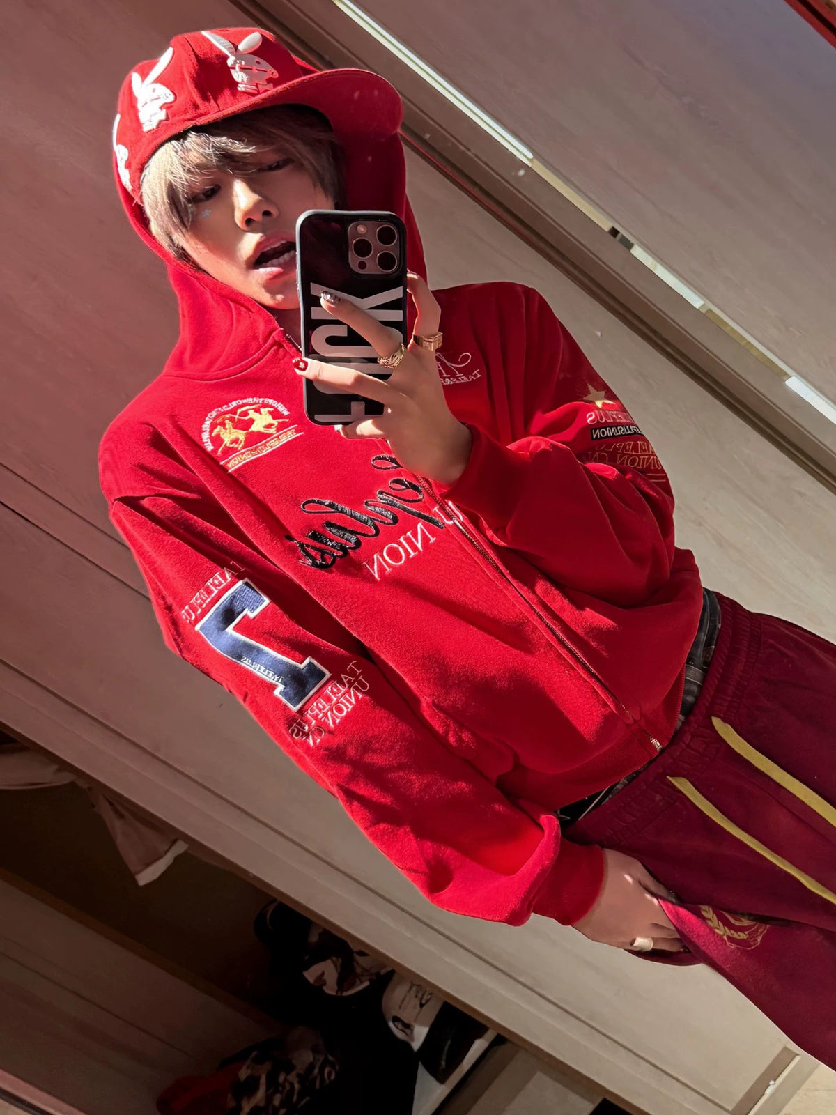 Red AokLok vintage script zip hoodie, styled
