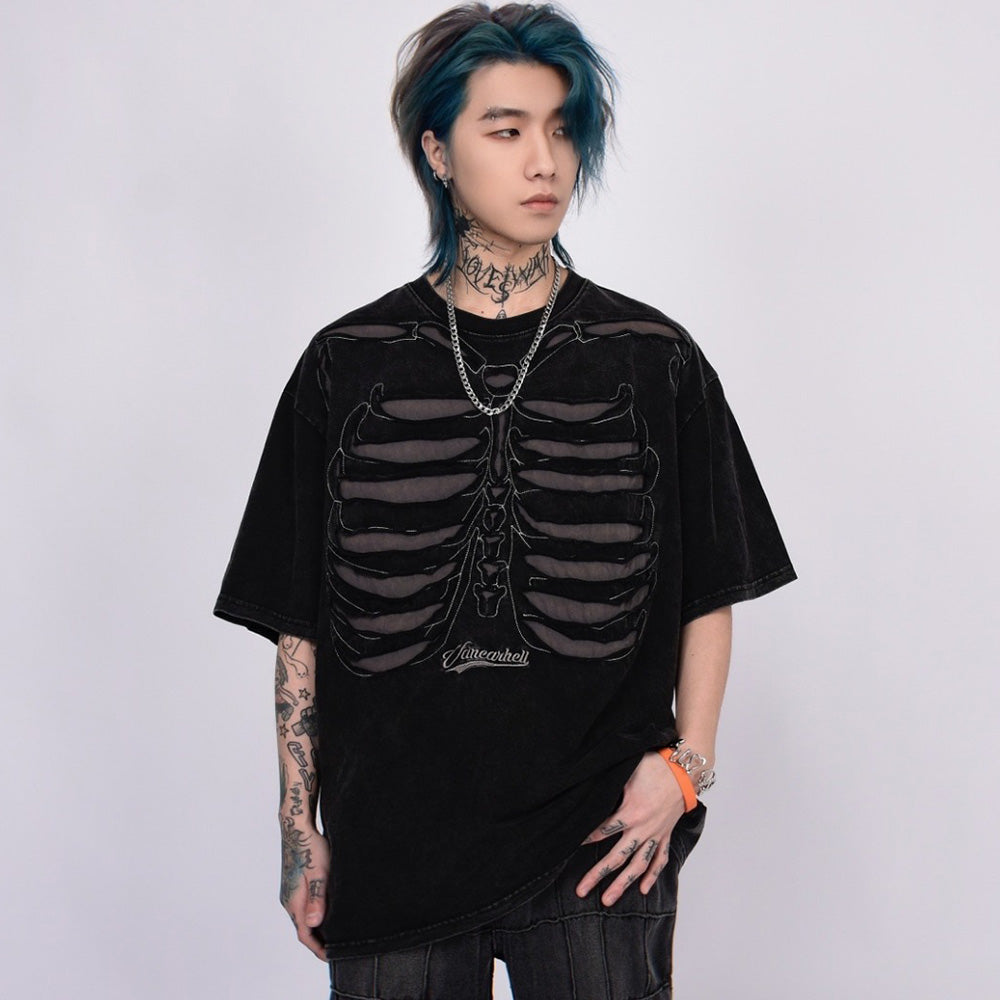 Retro Skeleton Hole Embroidery Oversize T-shirt
