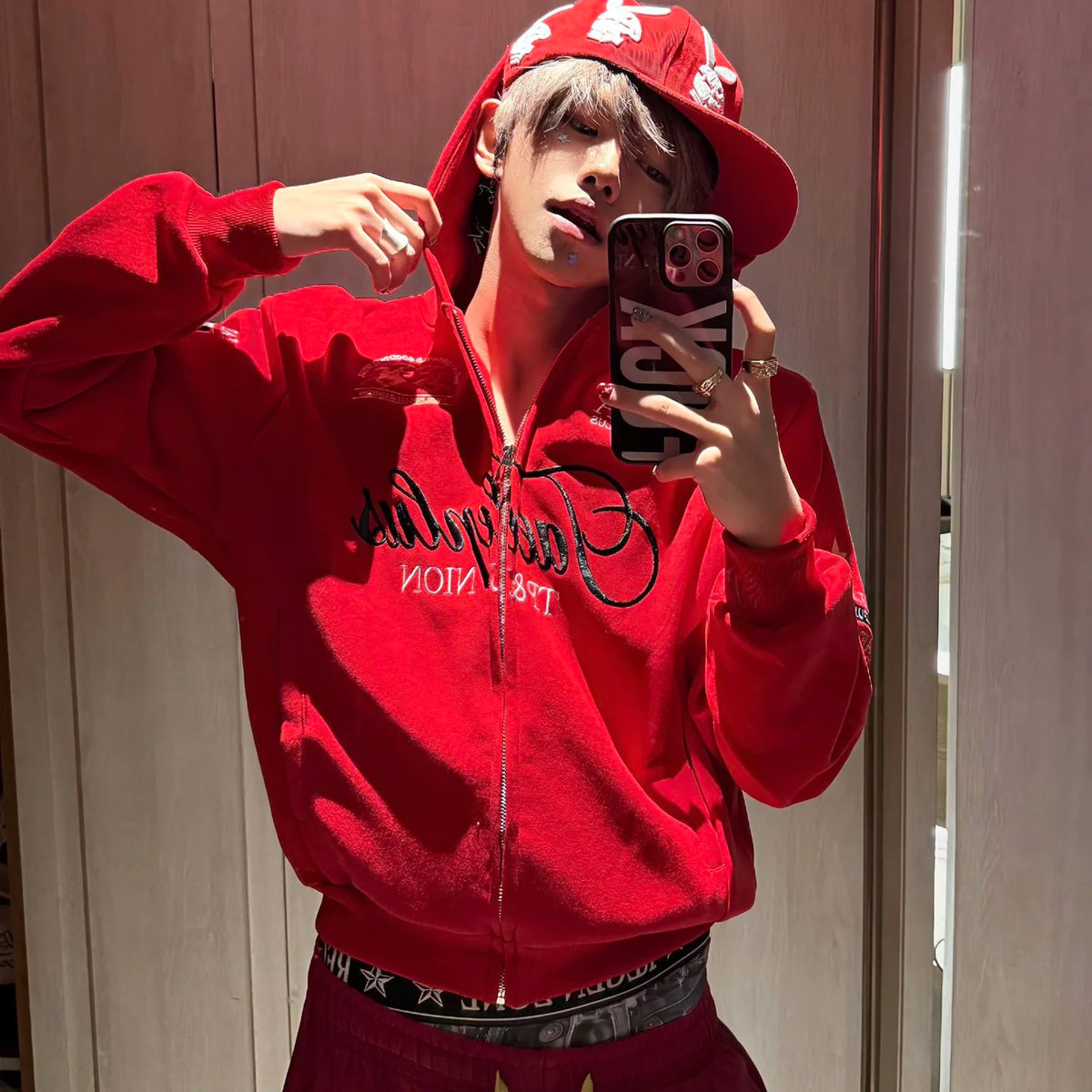 Black AokLok vintage script zip hoodie, flat lay
