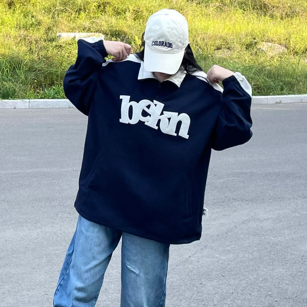 Simple Embroidered Stand Collar Sweatshirt