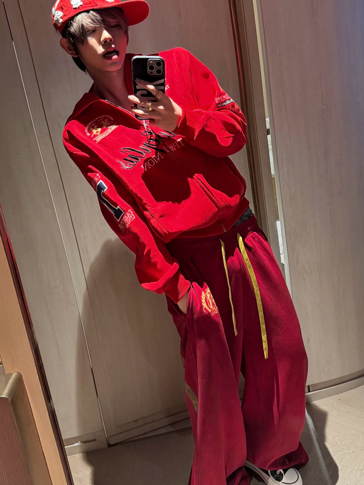 Red AokLok vintage script zip hoodie, front