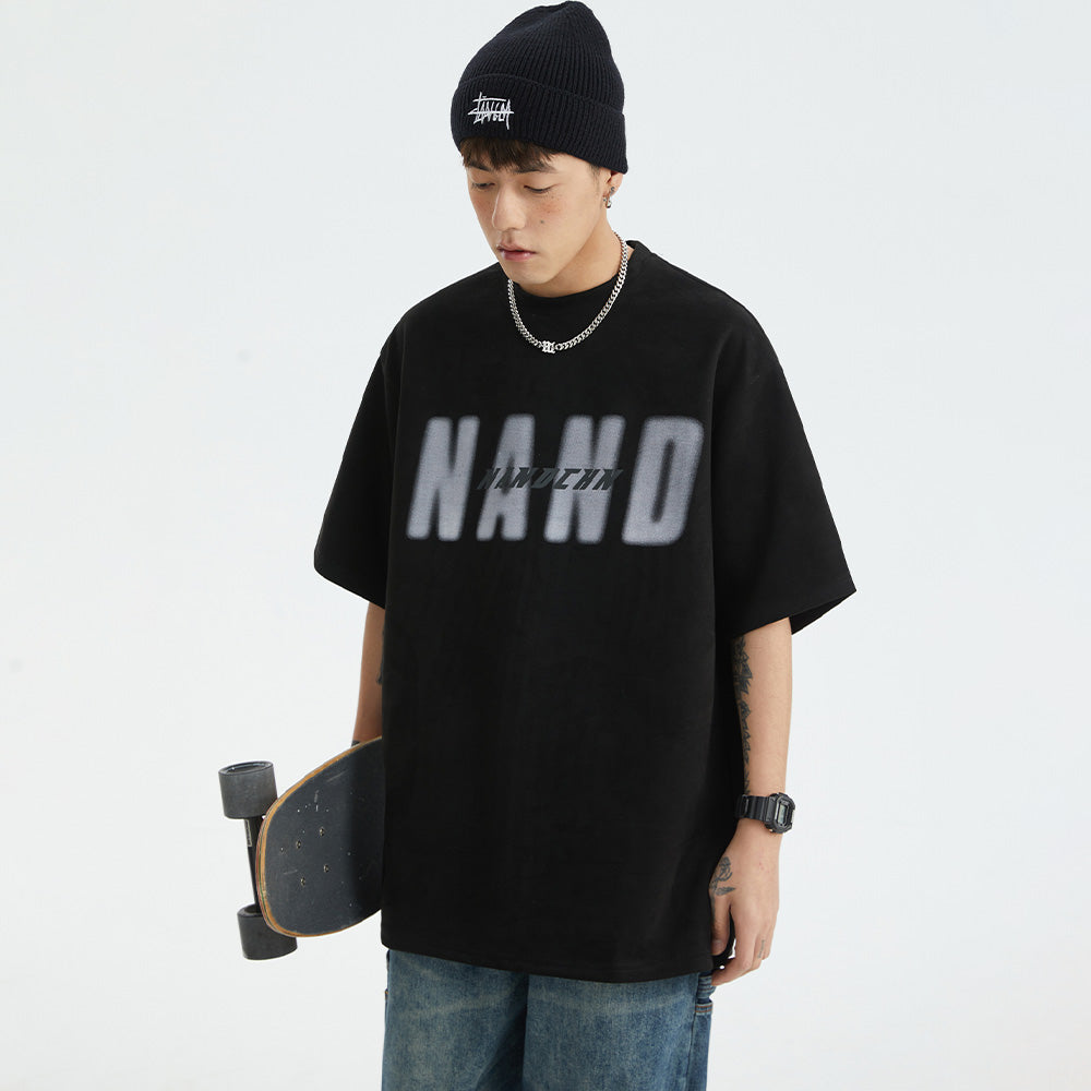 Japanese Suede Letter Print T-shirt