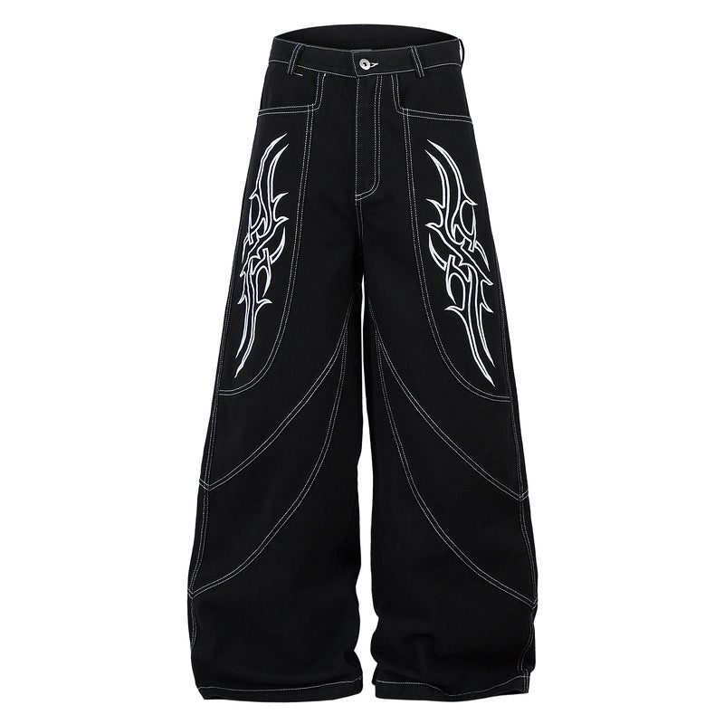 Baggy Embroidered Jeans with White Tribal Symbol Design
