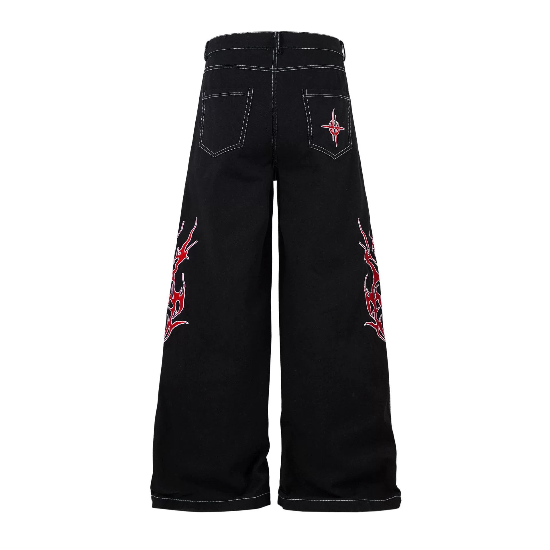 Embroidered Jeans with Tribal Flame Design