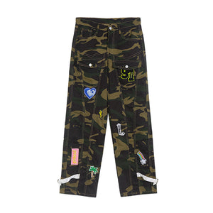 High Street Embroidered Heart Camouflage Jeans