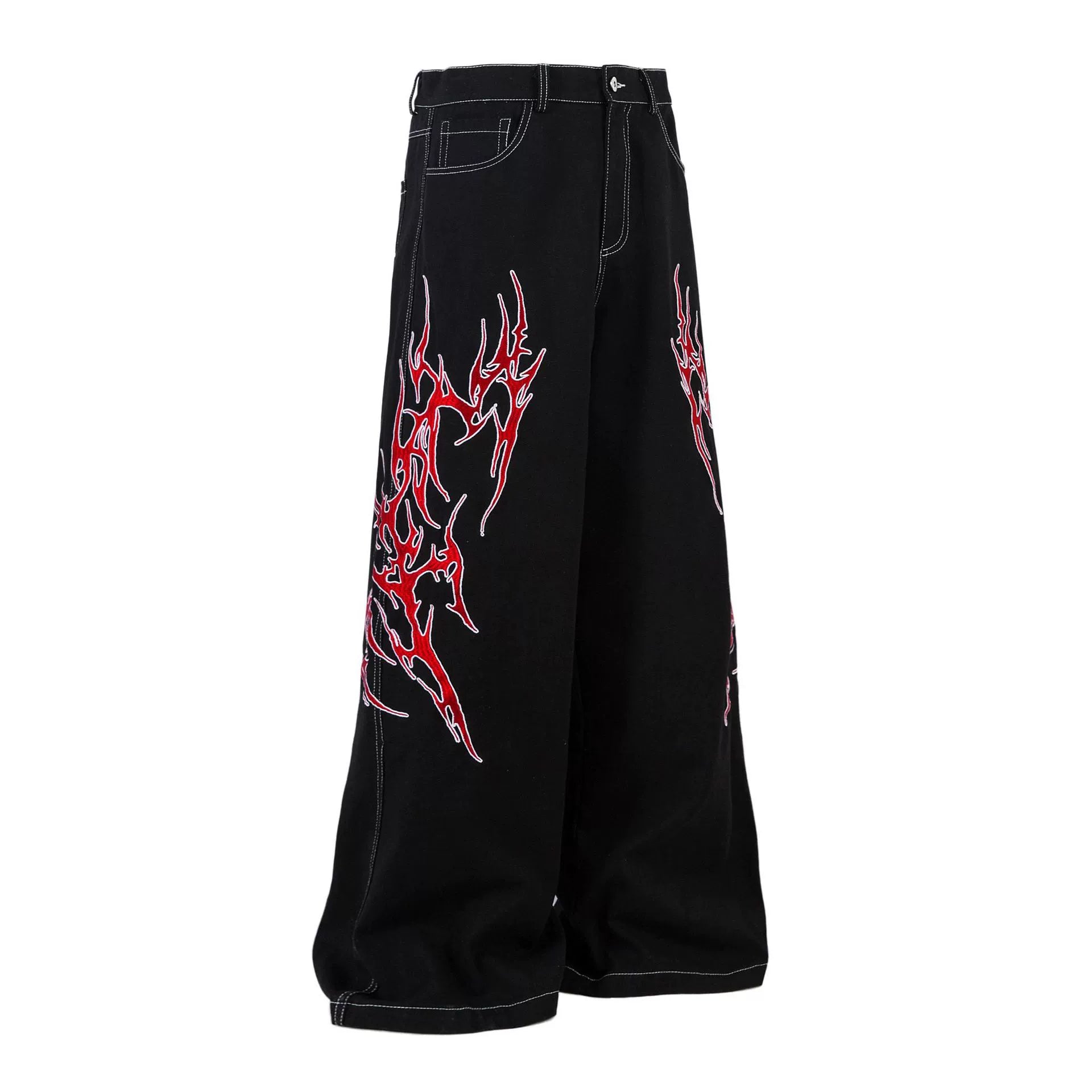 Embroidered Jeans with Tribal Flame Design