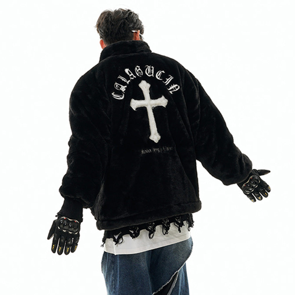 Hip Hop Cross Embroidery Fleece Coat