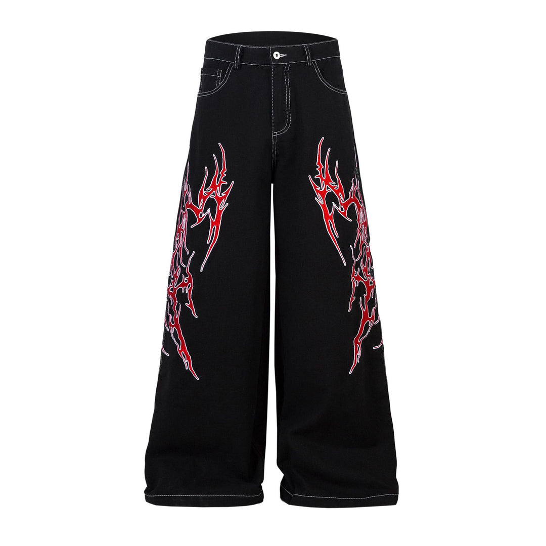 Embroidered Jeans with Tribal Flame Design