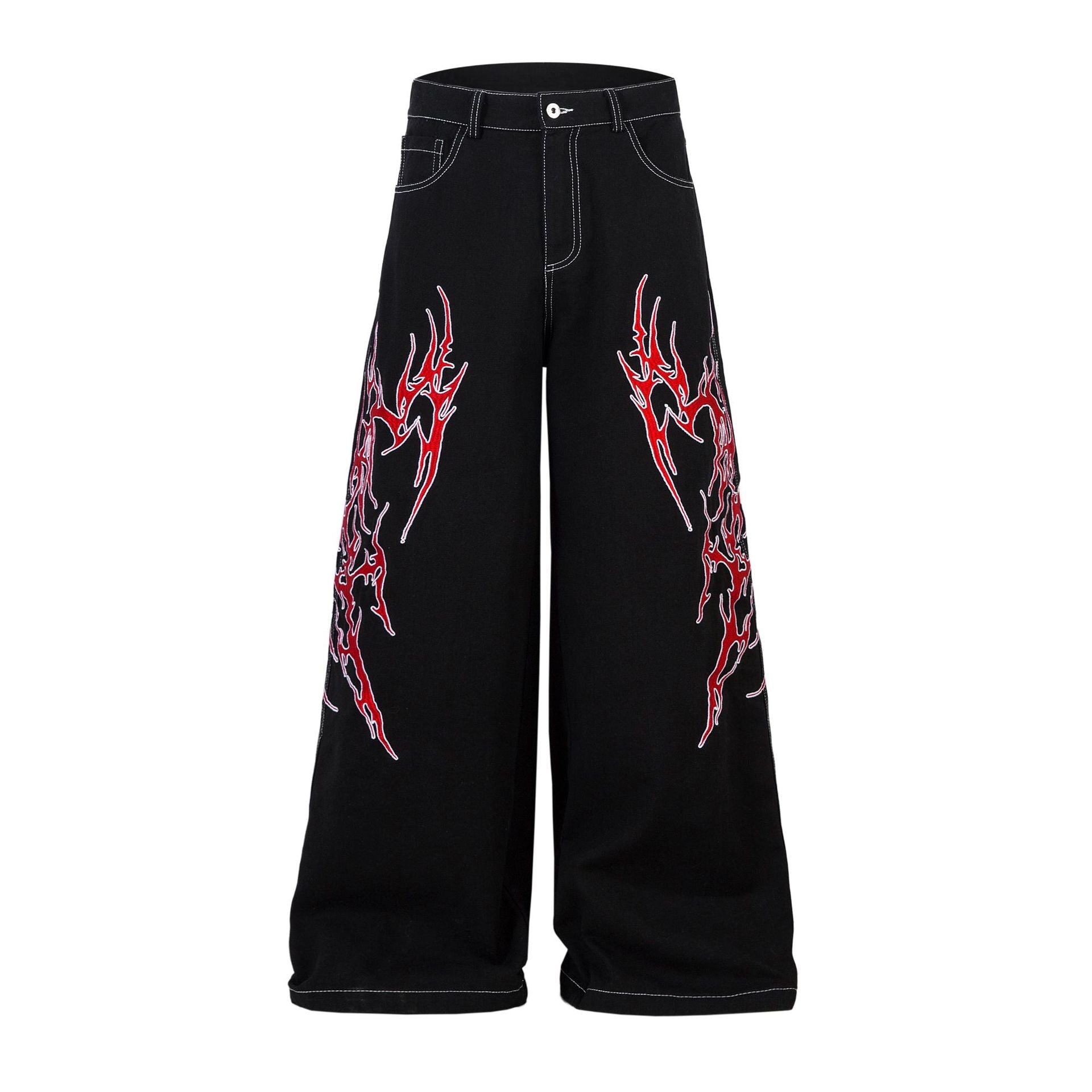 Embroidered Jeans with Tribal Flame Design