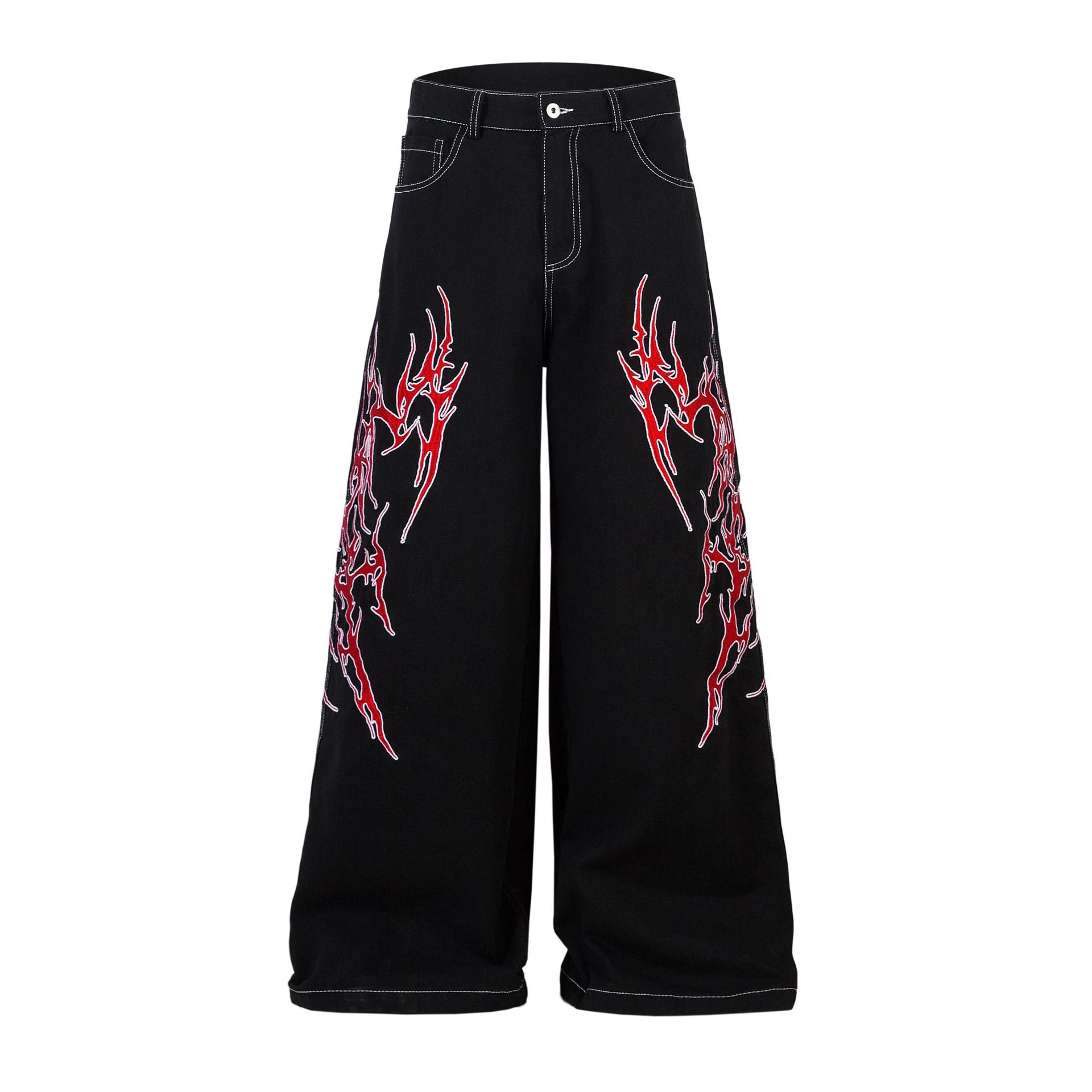 Embroidered Jeans with Tribal Flame Design