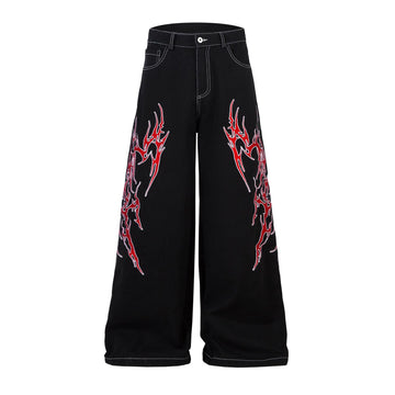 Embroidered Jeans with Tribal Flame Design