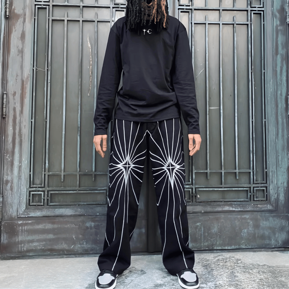 Y2K Embroidered Baggy Jeans with White Starburst Pattern