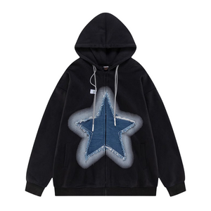 Retro Star Patchwork Denim Hoodie