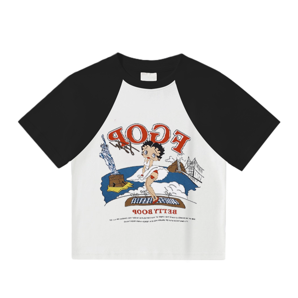 Women's Cartoon Surfer Boy Patchwork T-Shirt