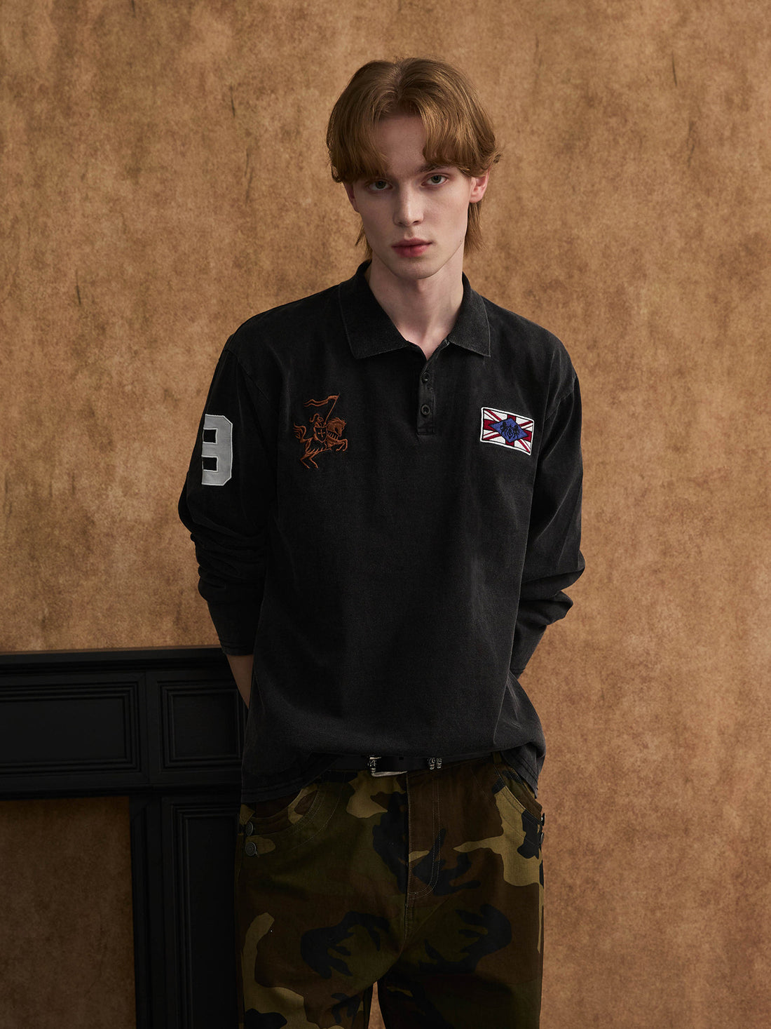 Charcoal AokLok embroidered long sleeve polo, alternate view