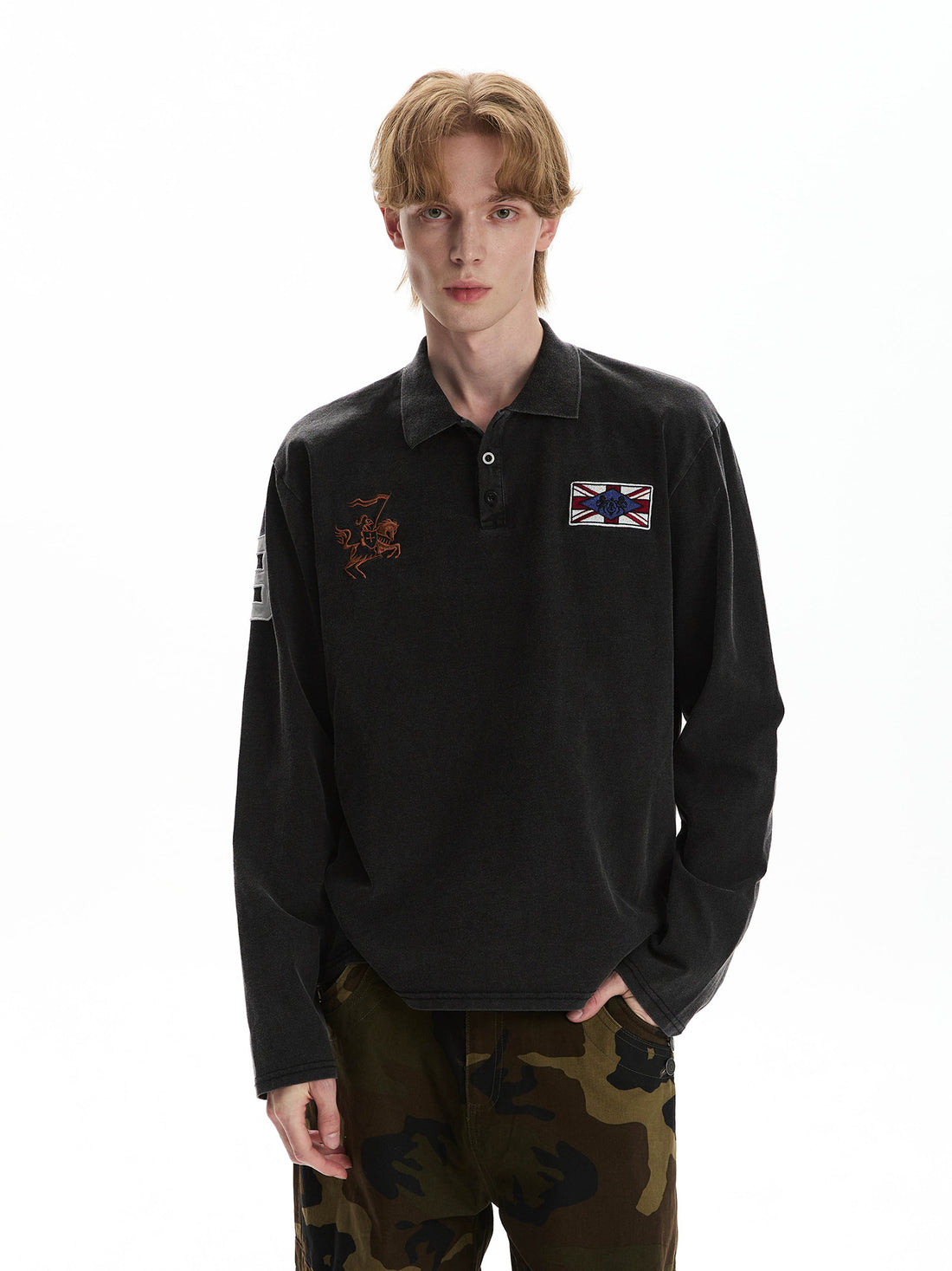 Charcoal AokLok embroidered long sleeve polo, alternate view