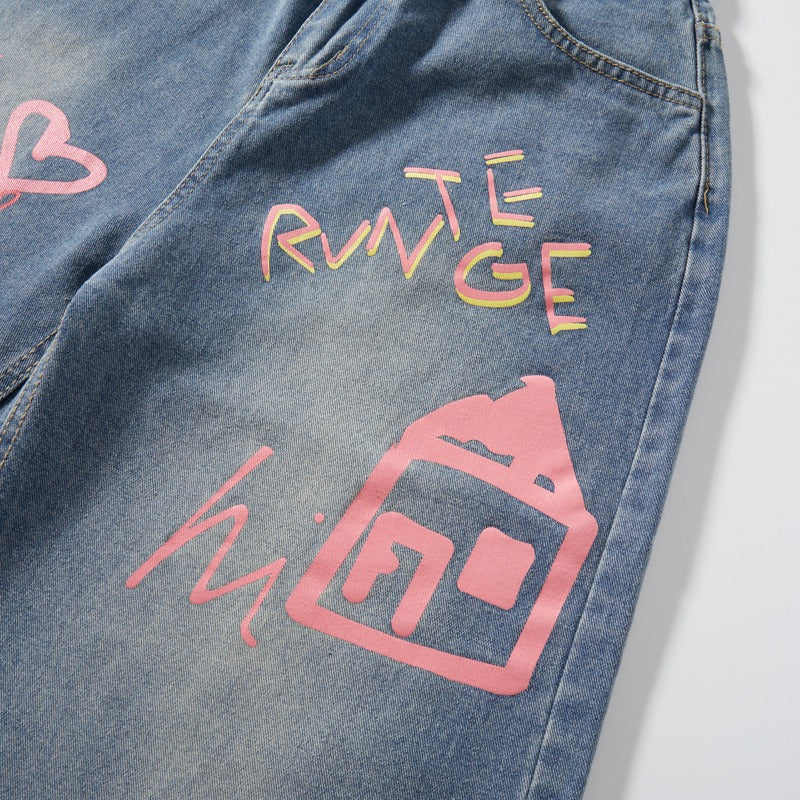 Unseen Echoes Graffiti Hearts, Handmade Starts Jeans